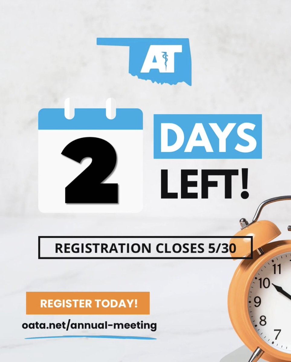 OKATC's tweet photo. Time’s ticking! ⏳

Make plans to join us in Tulsa for the 2026 Annual Meeting.

🗓️ June 5-6 | 10.5 CEUs 

Register by May 30 to include your Saturday lunch
➡️ https://t.co/RfPuyes8Hy https://t.co/uh3GkxdWBQ