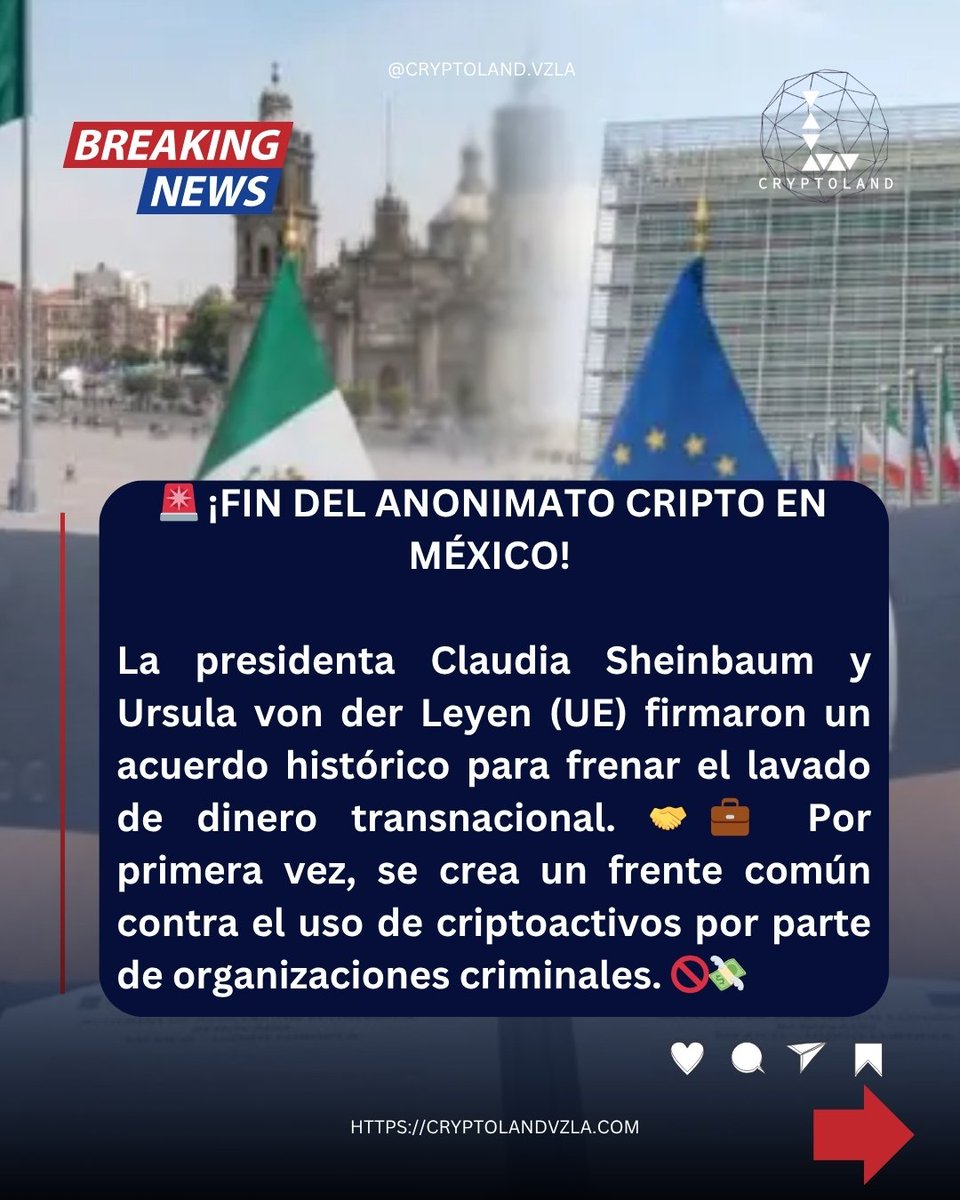 CryptolandV's tweet photo. 🚨 ¡Fin del anonimato cripto en México! 🇲🇽🇪🇺

El acuerdo con la UE endurecerá el KYC en P2P y billeteras privadas (estilo MiCA) para frenar el lavado de dinero. 💼🔒

¿Protección o exceso de control? 👇🤔

#Crypto #RegulacionCripto https://t.co/iD2dSzogUd