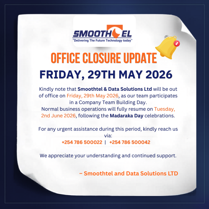 Smoothtel's tweet photo. 📢 Smoothtel &amp; Data Solutions Ltd will be out of the office on Friday, 29th May 2026, for team building activities. Operations resume Tuesday, 2nd June 2026. Thank you for your continued support. 
#OfficeUpdate #Smoothtel https://t.co/valtoD8Z9i