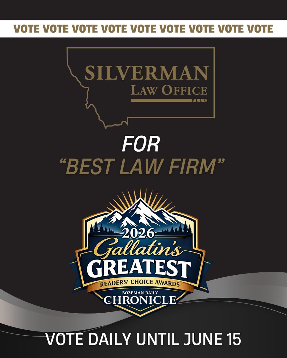 LawSilverman's tweet photo. 🎉Honored to be nominated in the 2026 Gallatin’s Greatest Readers’ Choice Awards!

🏆Silverman Law Office – Best Law Firm
🏆Michelle Ostrye – Best Attorney

Vote daily through June 15:
Gallatin's Greatest | https://t.co/v3WpIjoqCl

Click “Services” → vote for Law Firm &amp; Lawyer. https://t.co/mtxinnDaYs
