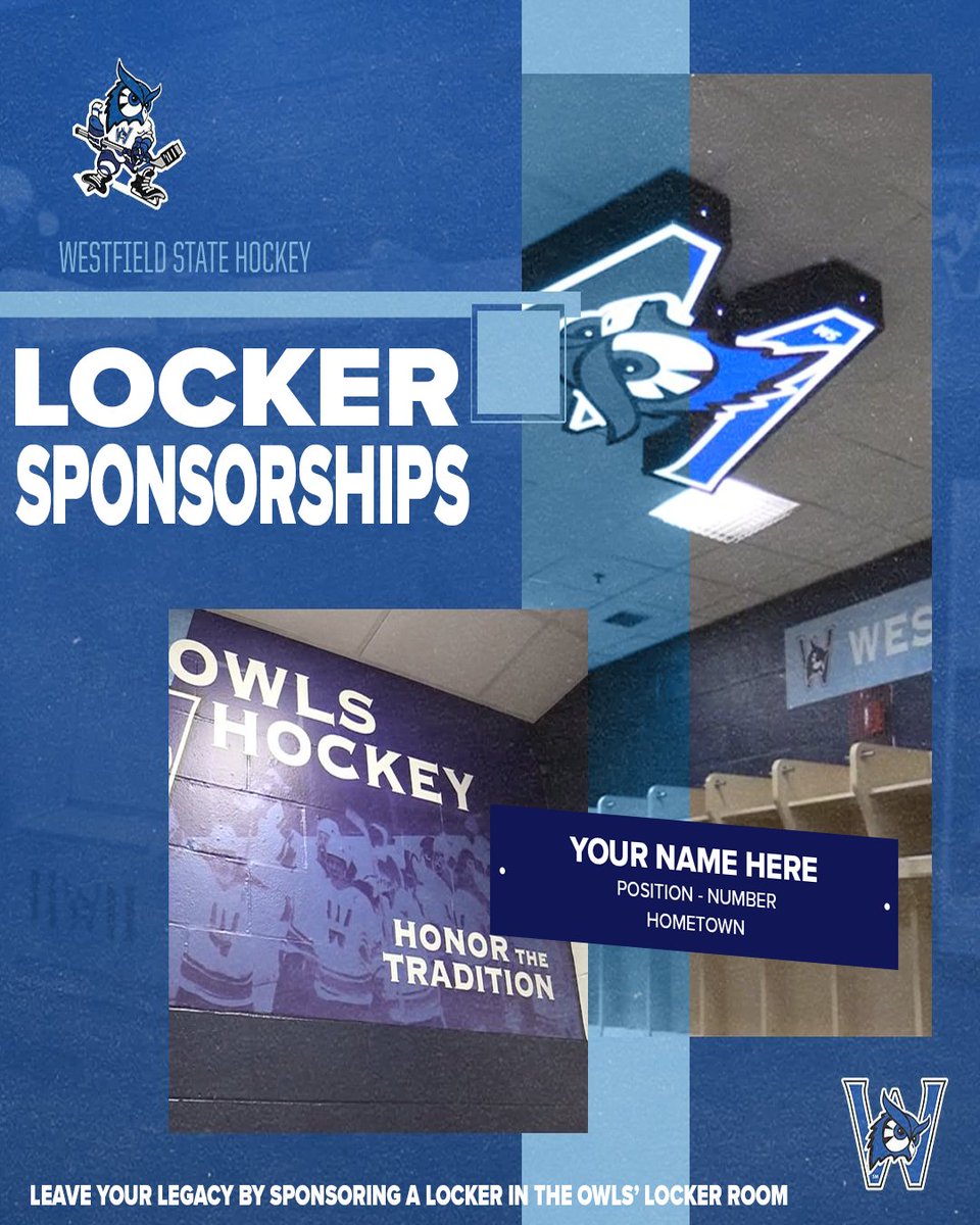 WSUOwlsHockey's tweet photo. Leave your Legacy! 

Be one of the first to join the @WSUOwlsHockey Locker Sponsorship Program and sponsor a stall in the Locker Room!

Contact Assistant Athletics Director @CoachYoungMD at mdyoung@westfield.ma.edu or fill out this form: https://t.co/IQlbBliqKT

#OwlsHockey🦉🏒 https://t.co/D4xYZcuwcr