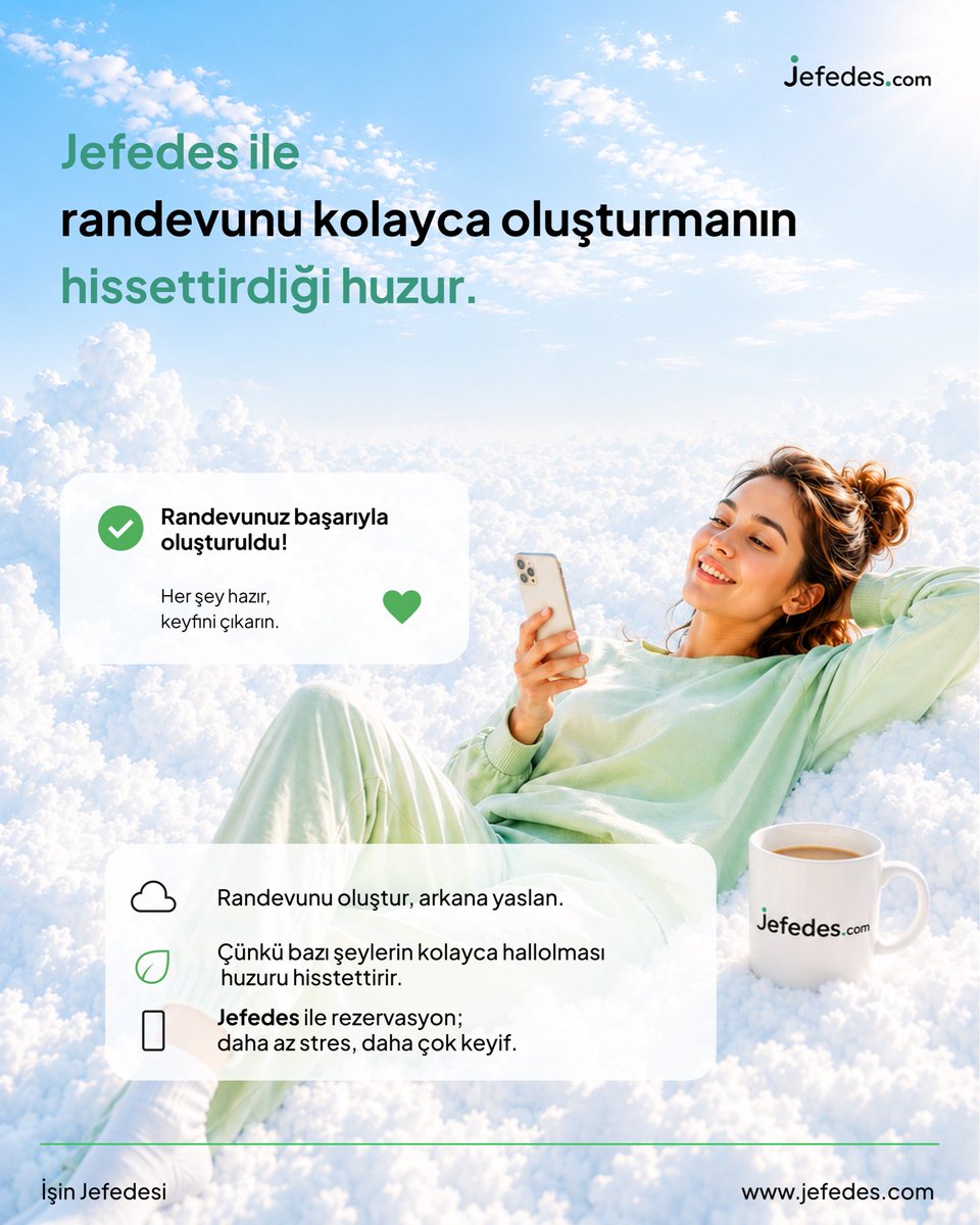 jefedescom's tweet photo. Baz�� şeyler gerçekten kolay olmalı.
Randevun saniyeler içinde hazır, sana sadece keyfini çıkarmak kalır 🌿✨
Jefedes ile daha az stres, daha çok huzur.
#İşiniKolaylaştır #ZamandanTasarruf
#Jefedes #KolayRandevu https://t.co/gAJl5hCjaf