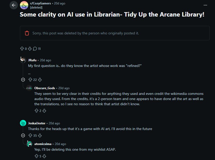 AbblesTheSwift's tweet photo. Since no one is talking about this. I was informed that Librarian tidy up the Arcane Library in fact uses Ai to make the game. 
The game devs posted for clarification that the art was made by a human the “refind” by ai. And now that the game is popular they are hiding that fact.. https://t.co/LyHWTSKfRc