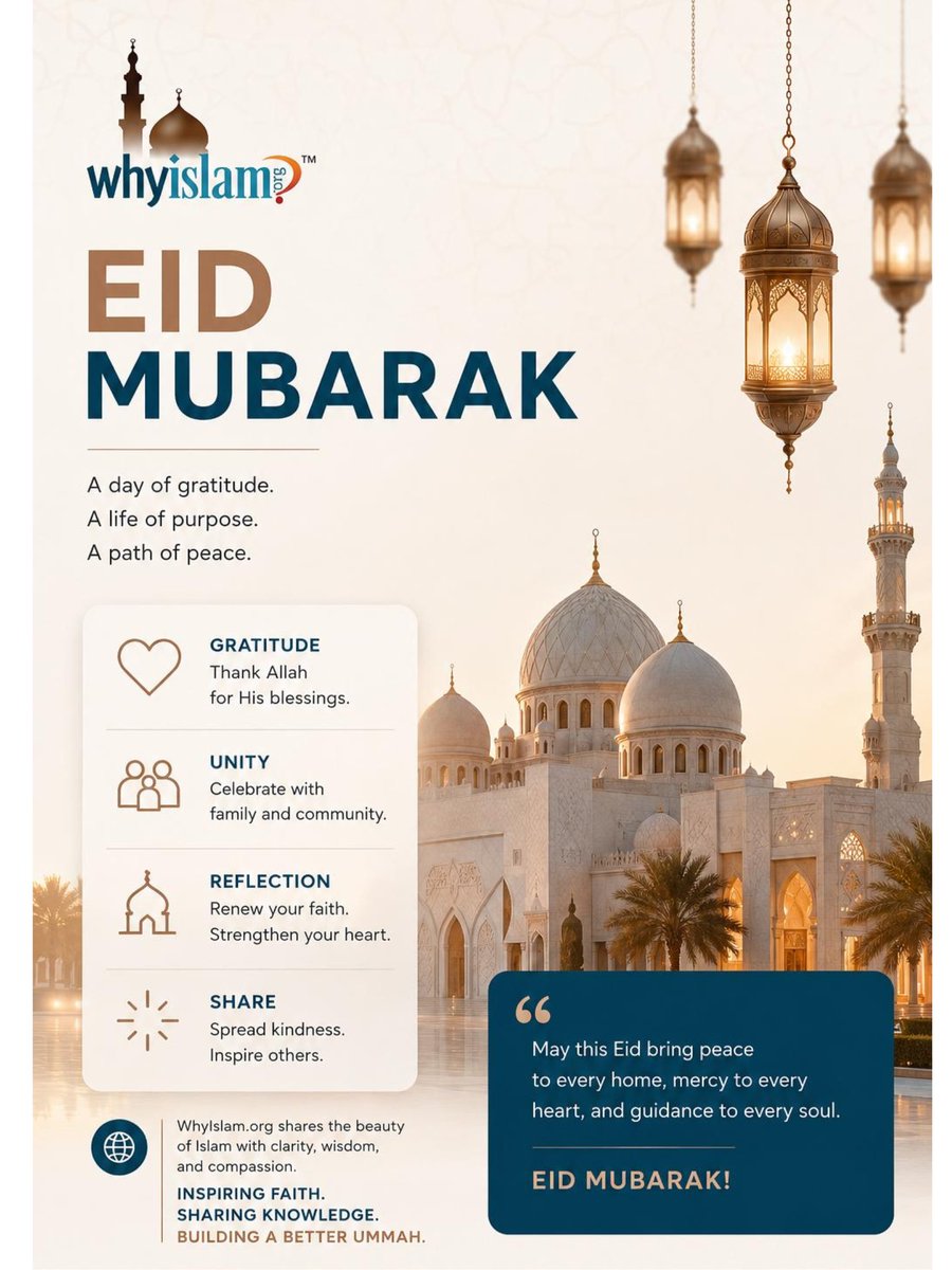 whyislam's tweet photo. Eid is a celebration of gratitude, compassion, and human connection.

For Muslims around the world, it marks the end of days filled with prayer, reflection, charity, and community. It is a reminder to care for others, strengthen family ties, and seek peace within ourselves and with those around us.

No matter your background, may this season inspire kindness, mercy, and hope for all humanity.

Eid Mubarak from the WhyIslam family.

#EidMubarak #WhyIslam #Faith #Peace #Community