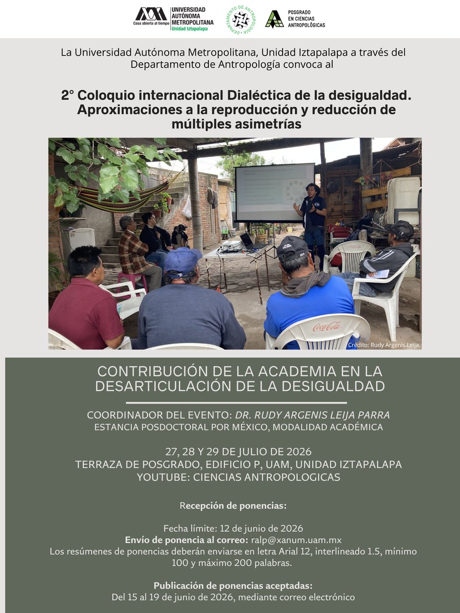 EgresadosColsan's tweet photo. Nuestro egresado Rudy Leija, del DCS, invita a participar en el 2.º Coloquio Internacional Dialéctica de la desigualdad, el cual organiza y coordina. 📚
📅27, 28 y 29 de julio | modalidad híbrida.
🔰Más información en la imagen 👇
#ComparteColsan https://t.co/EVvoPOO0a0