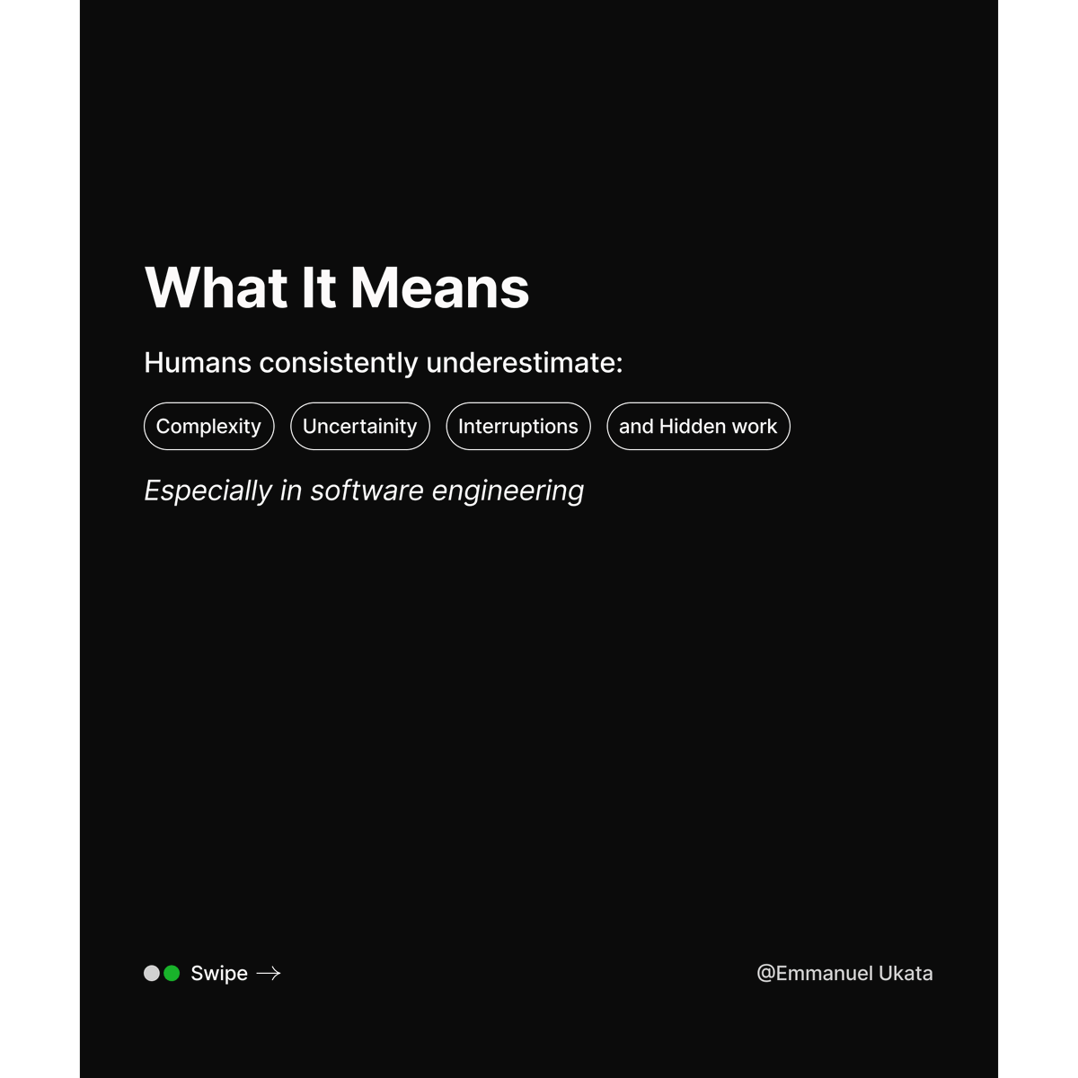 katadevdesign's tweet photo. Day 19/56 — Software Engineering Laws

Hofstadter’s Law:
“It always takes longer than you expect, even when you take into account Hofstadter’s Law.”

#SoftwareEngineering #SystemDesign #BuildInPublic https://t.co/2cV8Z9viCs