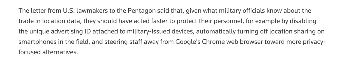 kyle_rempfer's tweet photo. Seems like it'd be smarter to regulate how tech companies collect and sell user data, rather than trying to keep US troops one step ahead of data brokers by controlling which browsers they use and which advertising settings they select devices. https://t.co/4qwxk5KFqO
