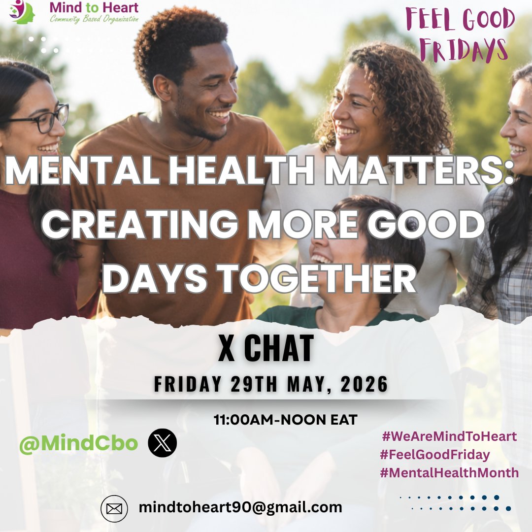 MindCbo's tweet photo. Creating more good days starts with connection, compassion and conversation. 💚

Join us for our #FeelGoodFriday X Chat tomorrow from 11:00 AM EAT as we discuss #Mentalhealth awareness, stigma reduction, digital wellbeing and building supportive communities for all. https://t.co/fDWyrzTHSE