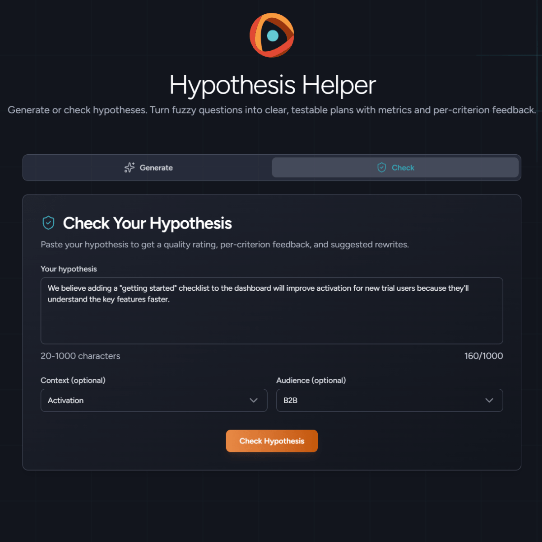 Centercode's tweet photo. Hypothesis Helper has a Check function now.

Paste it your idea, get a quality rating, feedback on what is and isn't working, and a sharper rewrite in about 30 seconds.

Totally free to use and no signup required→ https://t.co/a1ntP1mVsT https://t.co/1KE2kZ1JXQ