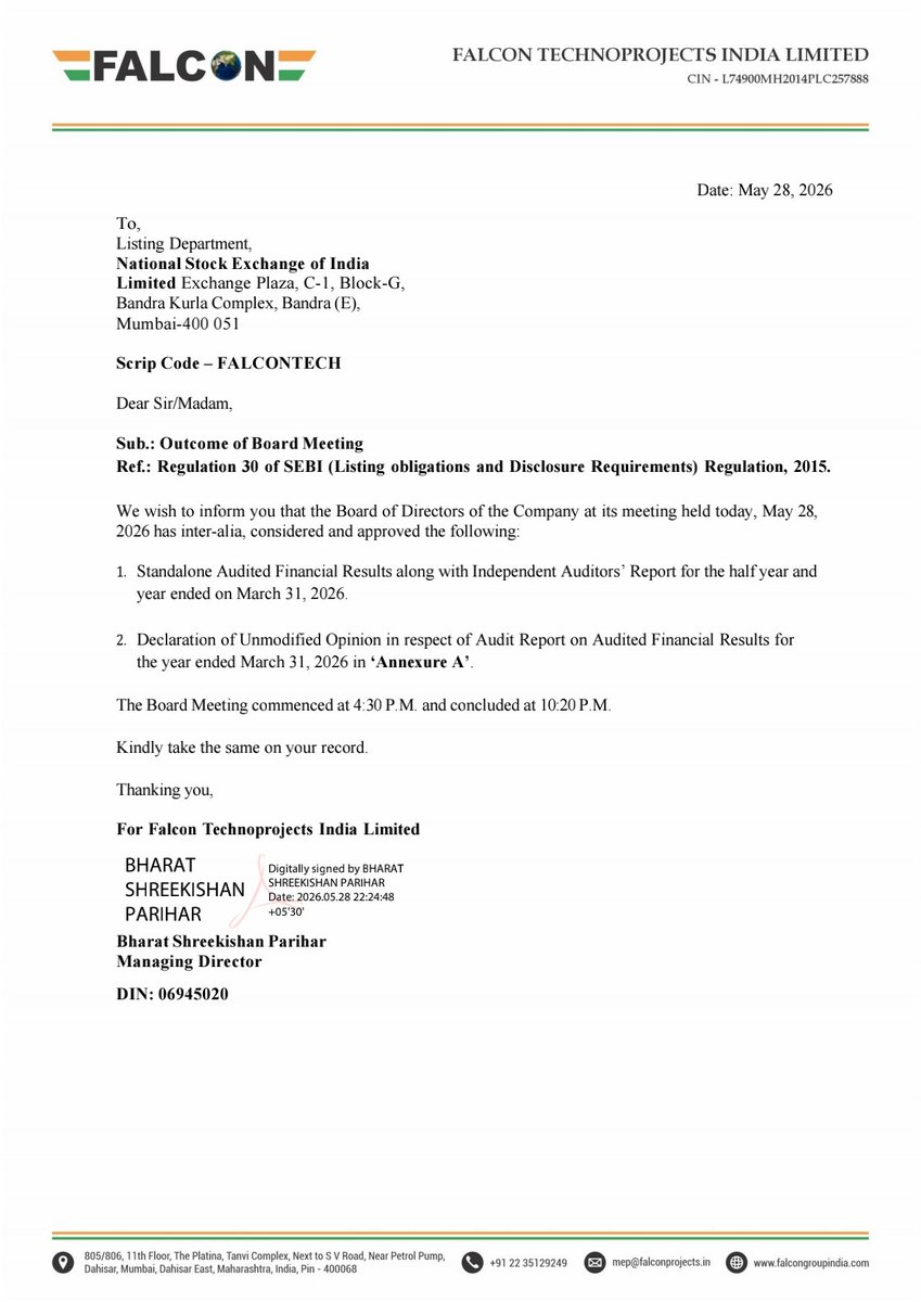 nileshkurhade's tweet photo. π Falcon Technoprojects India Limited informed the exchange about its approval for the financial results for the period ended March 31, 2026. #SME #FALCONTECH ππ§Ύ https://t.co/A0LNEGel59