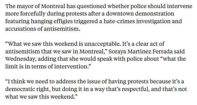 CIJAQC's tweet photo. Joint statement from CIJA and @FederationCJA.

It was crucial that the City finally draw a clear line in the sand. CIJA and Federation CJA note Mayor @SorayaMartinezF's unequivocal condemnation, in which she denounced the antisemitic nature of the macabre hanging of Jewish effigies in our streets.

She intends to consult with the @SPVM to determine “what the limits are regarding intervention.” This discussion should lead to a single logical conclusion: an end to impunity for those who seek to fuel hatred.

The glorification of anti-Jewish hatred in our streets for over two years has gone on long enough. Montrealers expect concrete action, interventions, and swift results.

We would also like to highlight the statements made by other elected officials from the @MTL_Ville, who have strongly condemned these acts.

https://t.co/H5XQyYYsZX

#polqc #polcan #polmtl #assnat