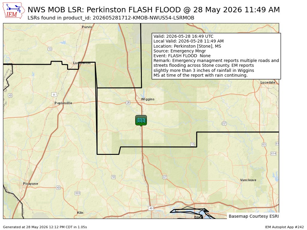 iembot_mob's tweet photo. At 11:49 AM CDT, Perkinston [Stone Co, MS] Emergency Mngr reports Flash Flood. Emergency managment reports multiple roads and streets flooding across Stone county. EM reports slightly more than 3 inches of rainfall in Wiggins MS at time of the... #mswx https://t.co/jH0AteKCiY https://t.co/JKsPSmkFeY
