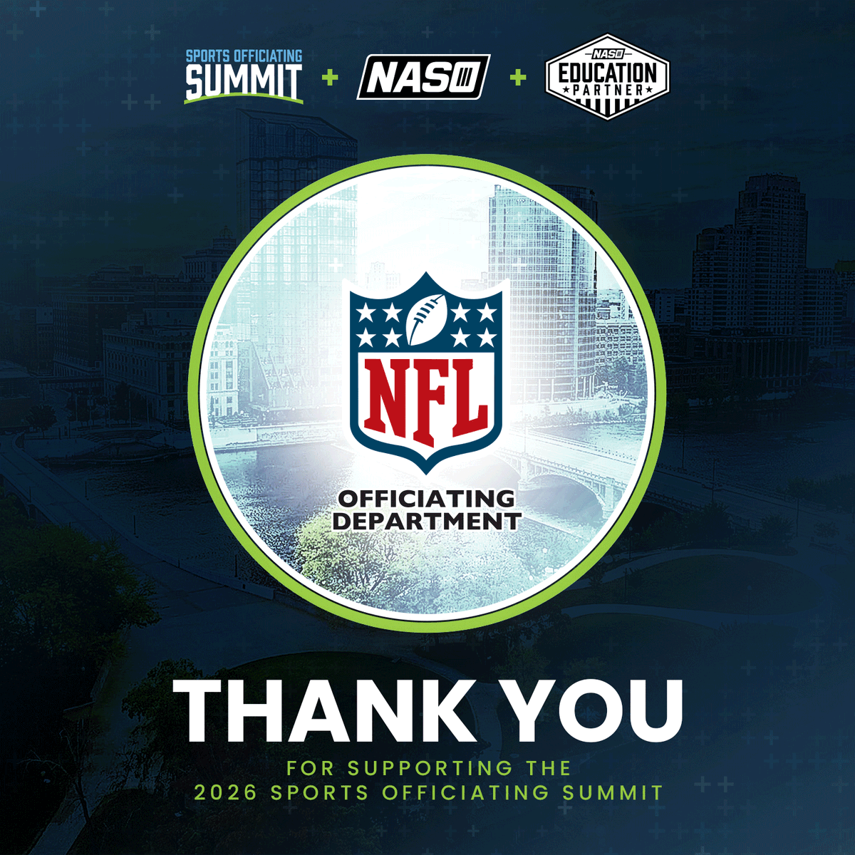 NASOofficiating's tweet photo. The NFL supports the future of sports officiating. Will you be a part of it at the 2026 national Sports Officiating Summit in beautiful Grand Rapids, Mich., this summer? Register today! https://t.co/UL1Xpli1BV https://t.co/pv1PiqQFDZ