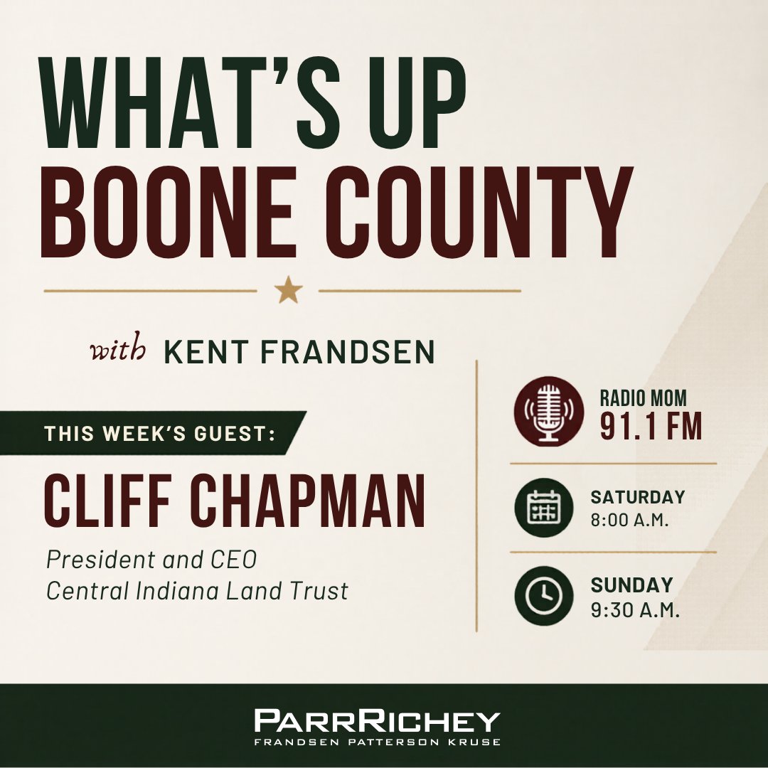 ParrRichey's tweet photo. 🎙️ Tune in this weekend to “What’s Up Boone County” on Radio Mom 91.1 FM!

This week, Kent Frandsen is joined by Cliff Chapman, President and CEO of Central Indiana Land Trust.

📻 Saturday at 8:00 a.m.
📻 Sunday at 9:30 a.m.
#WhatsUpBooneCounty #RadioMom #BooneCounty https://t.co/GxPgG9QFaL