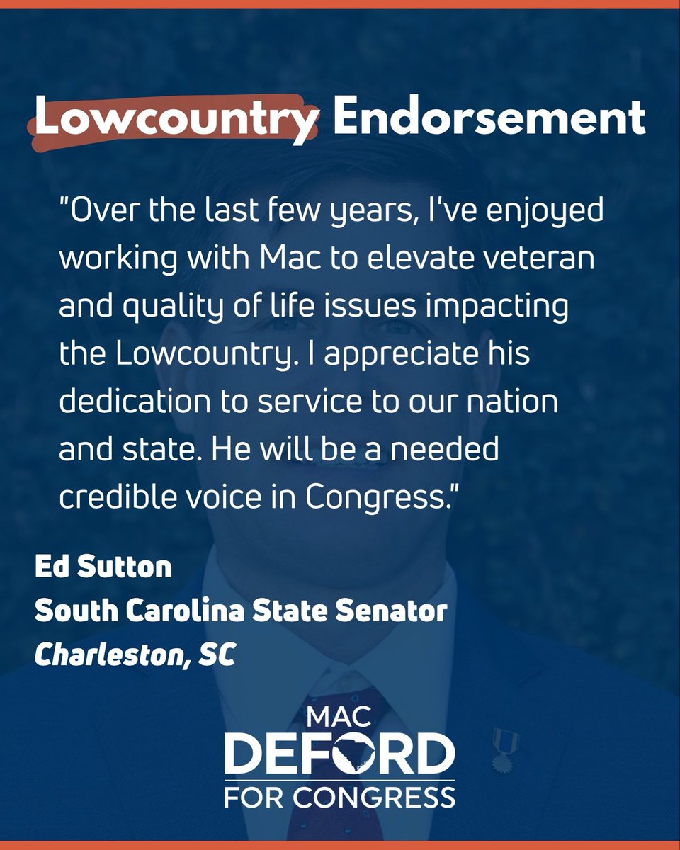 MacDeford's tweet photo. We’re proud to have Senator Ed Sutton @EdCSutton on our team.

Senator Sutton knows what it means to fight for the Lowcountry. When Trump gave the order to rig our maps, Senate Democrats stood firm, and Senator Sutton was right there leading the fight.

That's the kind of backbone we need more of. I'm honored to have his support.