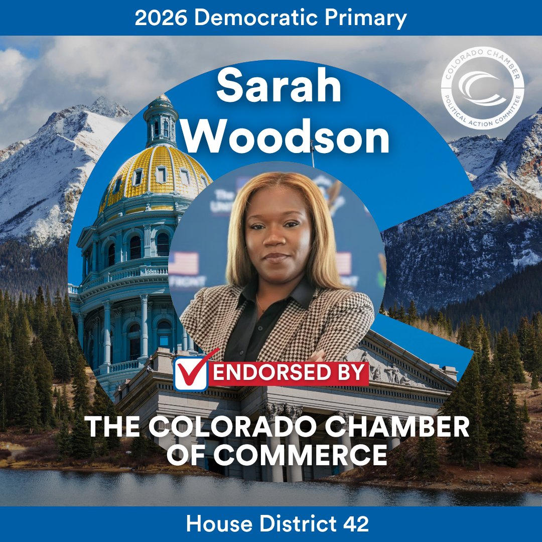 ColoradoChamber's tweet photo. For House District 42, we’re endorsing Sarah Woodson @WoodsonSar57775. Congrats! #coleg #coloradopolitics https://t.co/Q0L5OqSjp9