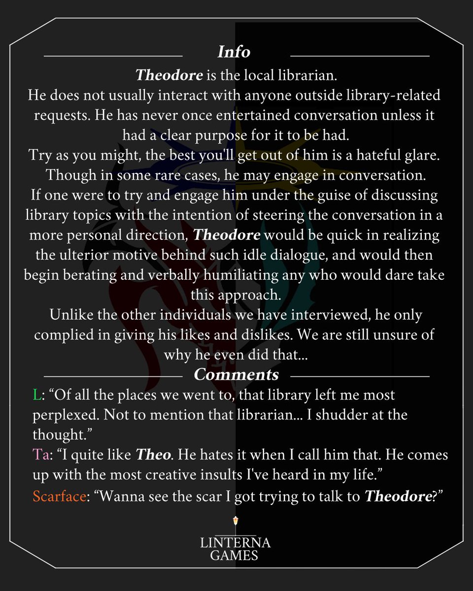 StudioLinterna's tweet photo. “I quite like Theo. He hates it when I call him that. He comes up with the most creative insults I've heard in my life.” https://t.co/LnCR8KLlFR