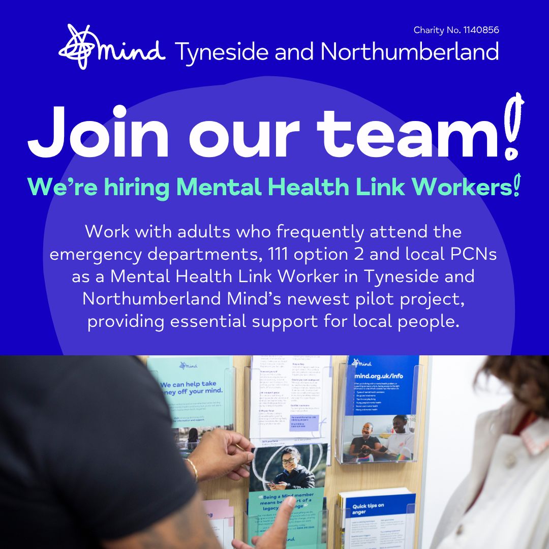 TynesideMind's tweet photo. Join our Team as a Mental Health Link Worker and provide essential support to adults who frequently attend the emergency departments, 111 option 2 and local PCNs in our newest pilot project.💙

🔗Apply today on our website: Recruitment – Tyneside Mind https://t.co/vYBjggxDFd