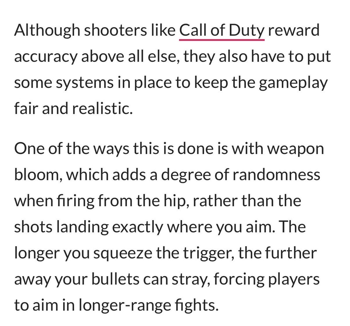 7Heis's tweet photo. @FatalHydra @TheElderSproles they explain exactly what bloom in COD is. and it’s exactly what I’m saying. “IT FORCES PLAYERS TO AIM IN” now since they removed it. they aren’t forced to aim in during long range gunfights. my argument is you’re supposed to ALWAYS aim in during long range gunfights, that’s it. https://t.co/ftIJsWDKo9