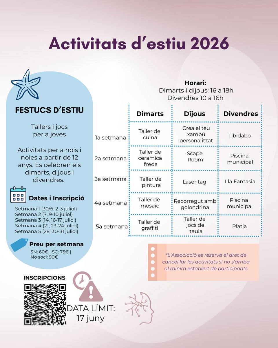 AEspecAutista's tweet photo. Et convidem a les nostres activitats d'estiu! ☀️Les hem preparat per a persones autistes de diferents grups d'edat: festucs d'estiu, cinefòrum, tallers d'art...  

📱 Inscriu-te! https://t.co/99w5XWPekM 

#TEA #Autisme #Asperger #LleureInclusiu https://t.co/oMnslfjZeM