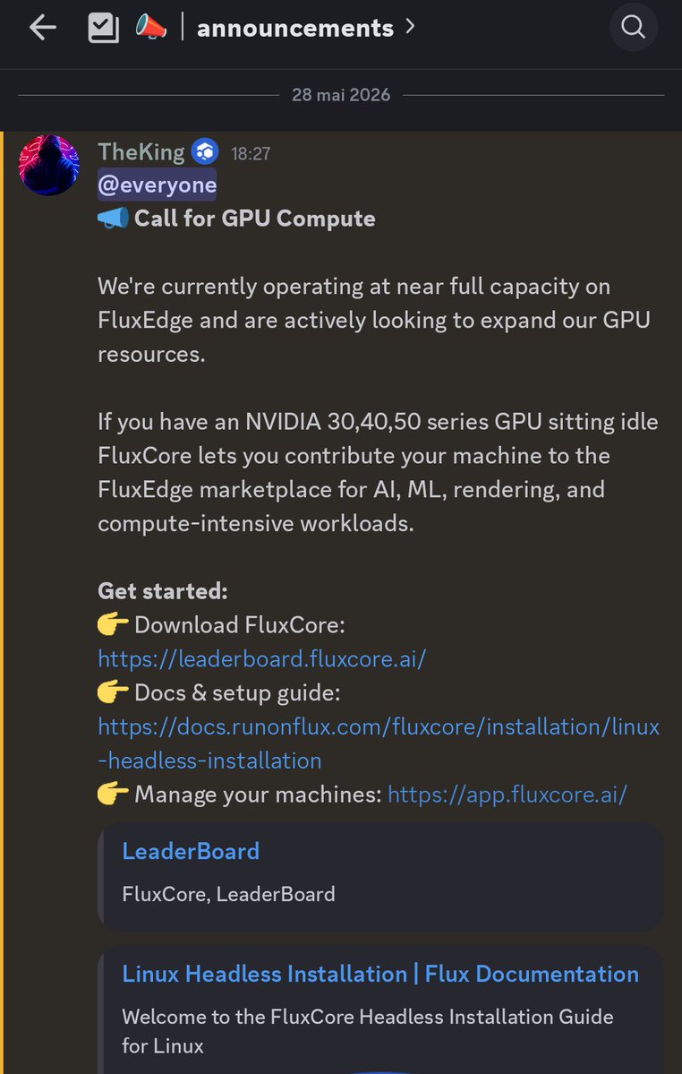 MiningTk's tweet photo. La demande en puissance de calcul sur le réseau $FLUX est en hausse, et le réseau est pratiquement à 100% de capacité.

👉Si vous avez des GPU's et que vous êtes dans le mining, vous avez la possibilité d'utiliser le système d'exploitation maison du projet (comme un HiveOS) pour combiner à la fois minage ET rendu IA, ML, ...

Le système d'exploitation est totalement gratuit et sans fees.
Vous avez la possibilité d'utiliser le logiciel de minage de votre choix et de miner la crypto qui vous intéresse ⛏️

Le système switch automatiquement du mode minage à cloud computing en fonction de la demande.

En mode cloud computing, vous êtes payé directement pour la puissance de calcul fournie

Et c'est très souvent bien plus rentable que le minage simple 💵

Si vous avez la possibilité de tester, c'est vraiment la combinaison du meilleur des deux mondes 🙌