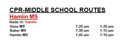 BmsCcisd's tweet photo. Summer School bus routes to Hamlin MS. The bus will pick up &amp; drop off by the Baker cafeteria. Pick up: 7:38am  Drop off: 1:15pm https://t.co/nvI9UbZaaT