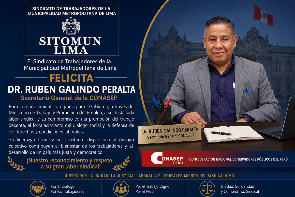SitomunLima's tweet photo. 𝗙𝗲𝗹𝗶𝗰𝗶𝘁𝗮𝗺𝗼𝘀 𝗮𝗹 𝗗𝗿. 𝗥𝘂𝗯𝗲𝗻 𝗚𝗮𝗹𝗶𝗻𝗱𝗼 𝗣., 𝗦𝗲𝗰 𝗚𝗲𝗻𝗲𝗿𝗮𝗹 𝗖𝗢𝗡𝗔𝗦𝗘𝗣 𝗽𝗼𝗿 𝗲𝗹 𝗿𝗲𝗰𝗼𝗻𝗼𝗰𝗶𝗺𝗶𝗲𝗻𝘁𝗼 𝗱𝗲 𝗽𝗮𝗿𝘁𝗲 𝗱𝗲𝗹 𝗚𝗼𝗯𝗶𝗲𝗿𝗻𝗼 𝗣𝗲𝗿𝘂𝗮𝗻𝗼  𝗲𝗻 𝗳𝗮𝘃𝗼𝗿 𝗱𝗲 𝗹𝗮 𝗟𝗶𝗯𝗲𝗿𝘁𝗮𝗱 𝗦𝗶𝗻𝗱𝗶𝗰𝗮𝗹 𝘆 𝗹𝗮 𝗡𝗡𝗖𝗖. https://t.co/wl7NGzbzis