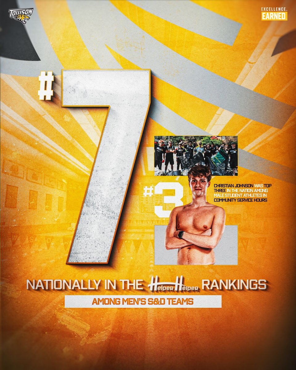 Towson_SWIMDIVE's tweet photo. Towson men's swim &amp; dive lands 7th in the country among NCAA D-1 programs in community service in the Helper Helper rankings!

Shoutout to Christian Johnson for ranking top 3 in the nation in community service hours among men's student athletes!🙌

#GohTigers 🐯 https://t.co/snWtv3Qewe
