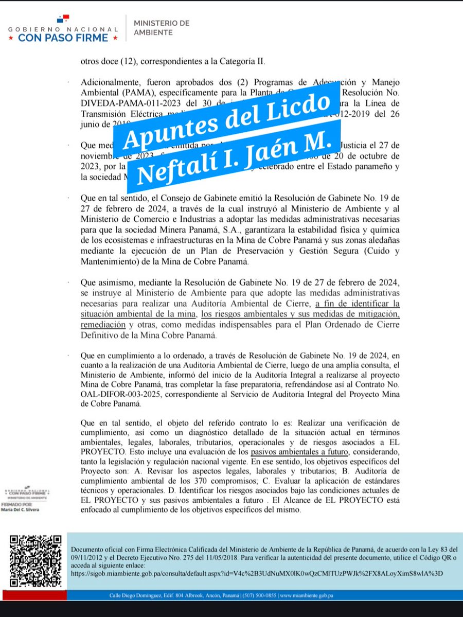 NeftaJaen19PA's tweet photo. 🇵🇦"AUDITORÍA AMBIENTAL DE CIERRE"🇵🇦
Así se le denomina a la AUDITORÍA contratada por el GOBIERNO DE LA PAPA FIRME, con la Empresa SUIZA y su filial en Panamá.
Entendieron?:
"DE CIERRE"
Respuesta del Ministerio de Ambiente, a solicitud del GRUPO DE ABOGADOS POR LA PATRIA (MAPA)👇 https://t.co/RPcLQFutvz