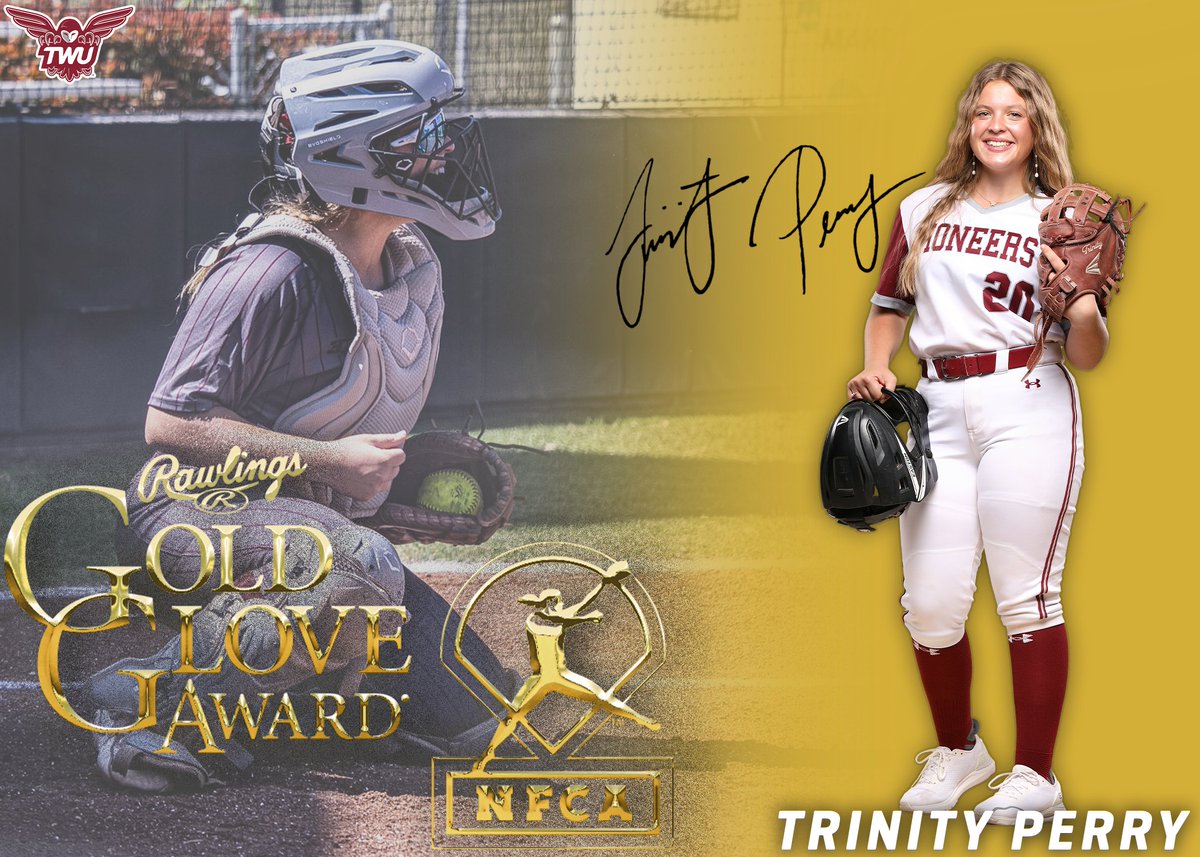 TWUSoftball's tweet photo. 𝘏𝘐𝘚𝘛𝘖𝘙𝘠 𝘔𝘈𝘋𝘌 🥎✨

Trinity Perry becomes the FIRST Pioneer in program history to earn NCAA Division II Rawlings Gold Glove honors!

✨.997 fielding %
✨295 putouts
✨15 runners caught stealing
✨1 error in 56 starts

🗞️https://t.co/7z8vBPuOcz

#PioneerProud | #WhyNotUs https://t.co/uo6R42VUwY