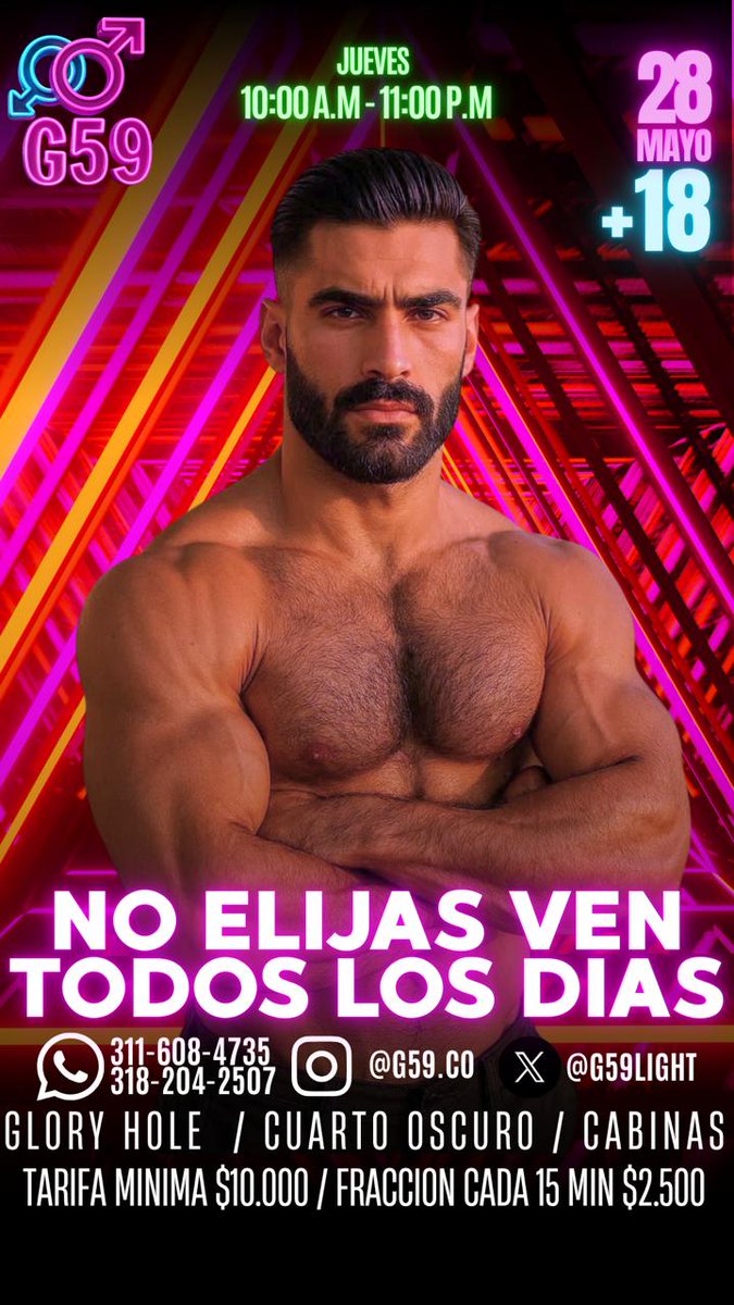 G59Light's tweet photo. Morbo casual sin rodeos en G59 hoy jueves 😈

🕒 Tarifa: $10.000 / Hora
⏳ Adicional: $2.500 (Fracción 15 min)
🎁 ¡Pregunta por promos de tiempo extendido! 😎

📍 Calle 5 # 59-59, Cali
🗺️ https://t.co/Bu2QkJR4WV

Contáctanos:
📞 602 440 2221
📱 https://t.co/IuGAkWbgdD https://t.co/X8d8t8Ramk