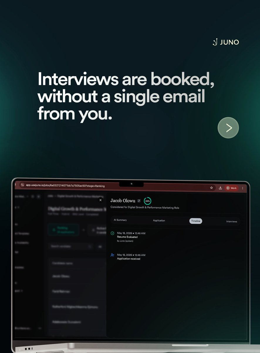 usejuno_io's tweet photo. This is what modern hiring looks like!

The average recruiter spends hours screening 100 CVs.

Juno does it in 5 minutes. From posting to scheduled interviews.... https://t.co/nEWfL8CFs1