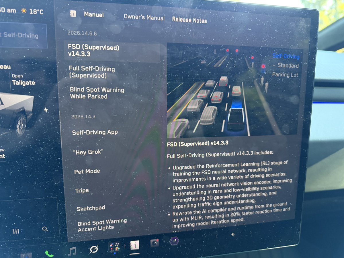 GameDevTravisJ's tweet photo. FSD 14.3.3, the lack of constant nagging is amazing, only regression I notice so far is it will stop for a school bus even before it starts flashing lights or puts out the stop sign. https://t.co/frblPBr9i6