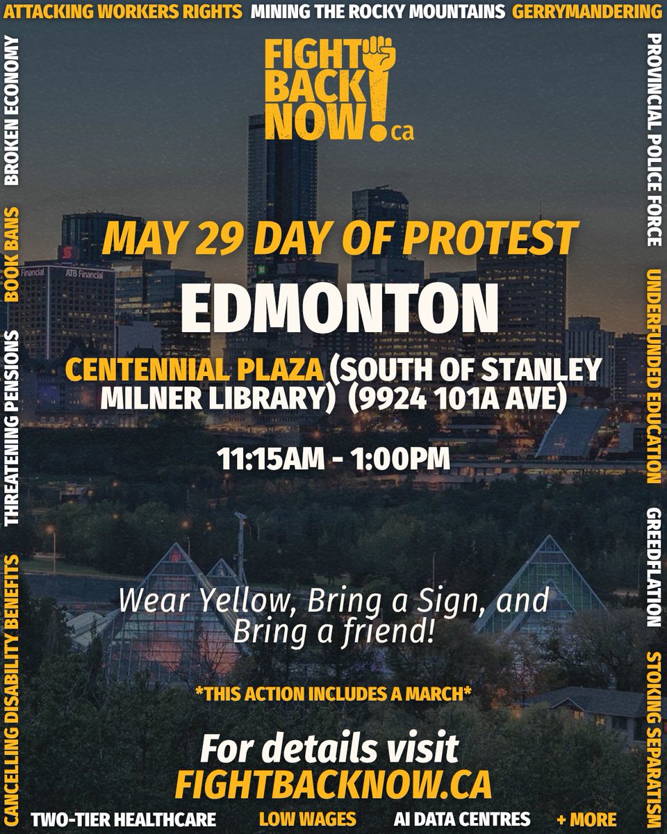 UnionNASA's tweet photo. Reminder: tomorrow (May 29) is the province-wide Day of Protest! See you at the Edmonton protest at Centennial Plaza at 11:15 for the march to the Edmonton Convention Centre.

Wear yellow and bring signs &amp; noisemakers.

Get full details and RSVP at https://t.co/ypLtze7uiG https://t.co/UjVrqKXFuE
