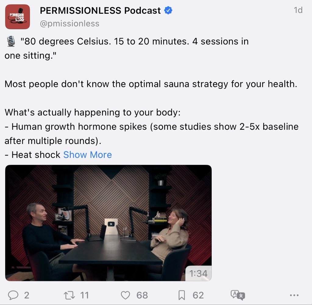 sircryptotips_x's tweet photo. Almost every day, I sit in a 100°C sauna for 80 minutes a day. 

I'm genuinely convinced this was the single biggest driver of my RHR drop to 47 beats per minute.

Heat is the most underrated longevity tool we have. https://t.co/OUZJYefel2