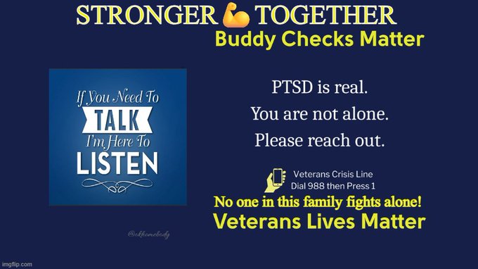 mil_vet17's tweet photo. @okhomebody @0331KSR @NoMoonPossum @TriPSU91 @CrynUSMC @WarVeteranUSMC 🇺🇸Please help us to reach more veterans🇺🇸
🇺🇸By reposting Charyl's #BuddyChecks 🇺🇸
🇺🇸Together we can #EndVeteranSuicide 🇺🇸
🇺🇸
🇺🇸👊👇Please follow &amp; support👊🇺🇸
🇺🇸👊👉Charyl @okhomebody 👊🇺🇸
🇺🇸👊STRONGER💪TOGETHER👊🇺🇸 https://t.co/le8yG5dcZV