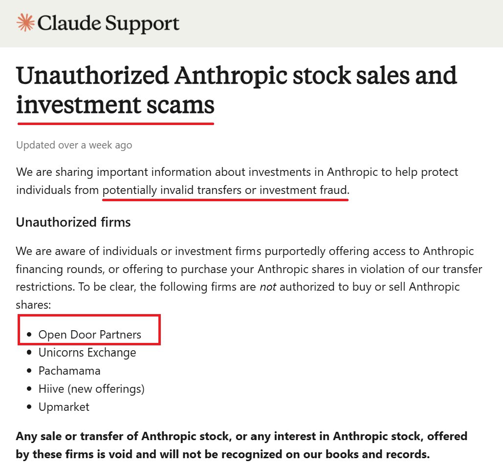 VcPonzi's tweet photo. Opendoor Partners was called out by Anthropic for  running investment scams  

Now, Opendoor is emailing investors that they have exclusive access to SpaceX shares priced at ~30% discount 

-Extremely limited allocation
-Liquidity in ~2 weeks
-You can even invest your IRA

$SPCX https://t.co/KlWJFOzjQr