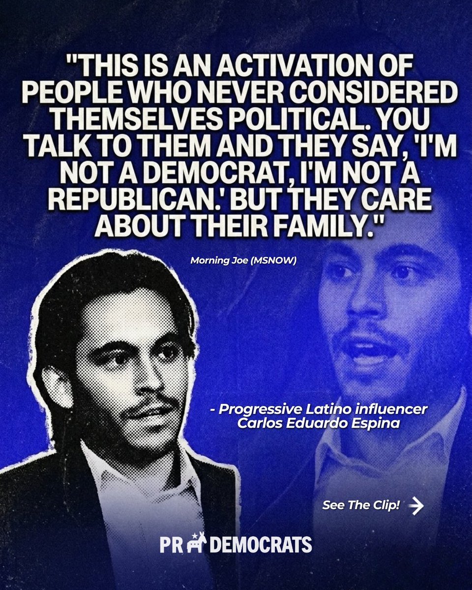 PR_Dems's tweet photo. This moment is activating people who never saw themselves as “political.”

Not because of party labels — but because they care about their families, their community, and the future around them. @Carlos_E_Espina 

Puerto Rico, llegó la hora de activarnos. De meter presión. De apoyar a nuestra gente y participar en estos midterms como comunidad latina.