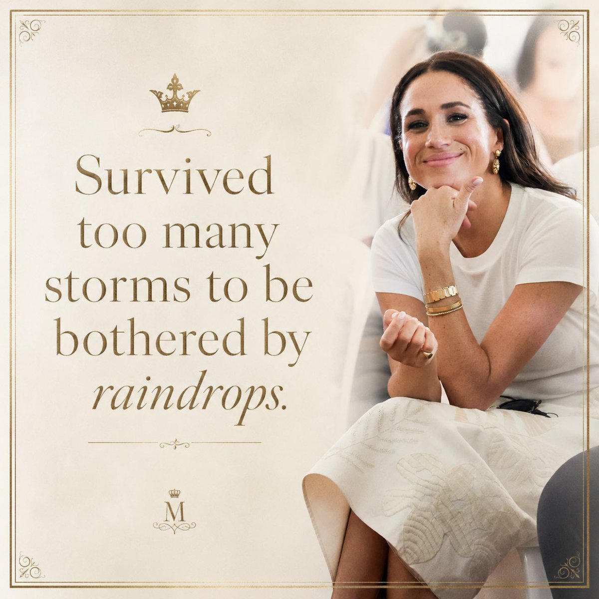 then0toriousjtb's tweet photo. People really expected Meghan, Duchess of Sussex to crumble under nonstop attacks. Instead, she kept moving forward looking unbothered, polished, and booked. That’s what happens when you survive real storms. The little rain stops mattering.

Derangers coming in hot in 3…2…1 😂 https://t.co/H0okoYL9vO