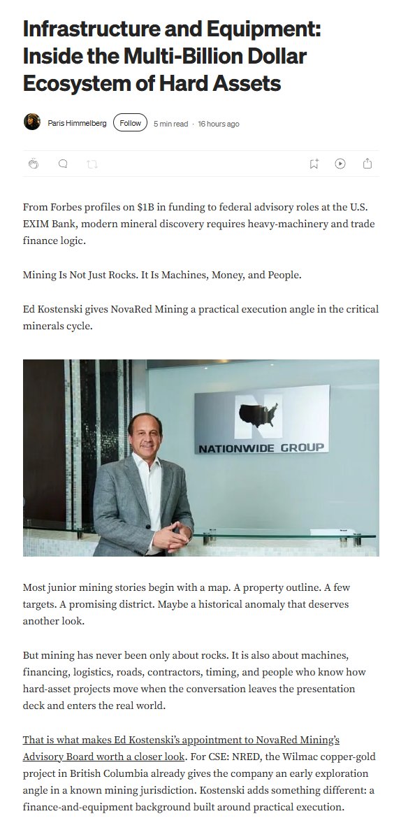 Hickmanaccess's tweet photo. This advisor résumé has too many big numbers to ignore 

Ed Kostenski now sits inside the NovaRed story, and the background is loaded.

American Dream arc:

Age 20 founder.

1983 Nationwide start.

43 years in equipment, infrastructure, exports and finance.

2004 White House recognition by President George W. Bush.

Finance scale:

Forbes-reported $1B+ raised for African private / government projects.

Roughly $1.4B today.

Ghana: $500M with possible $1B scale.

Tanzania: reported $1.3B loan pipeline.

Project receipts:

$98.938M.
$50M.
$45.770M.
$43.098M.
$19M.
$8.8M.

Now connect that to $NRED.

NovaRed is a copper-gold junior with Wilmac, MetalCore AI and a growing advisory bench.

Kostenski brings the finance / equipment / infrastructure layer.

That is the part that can matter before a field execution phase gets loud.

Target board:

Median C$3.25, upside +65.82%.

High estimate C$4.95, upside +152.55%.

Previous close C$1.96.

NFA.
This is not investment advice.

$TSLA $MARA $ACHR $RGTI $IRWD