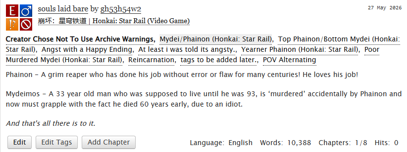 gh53h54w2's tweet photo. posted a new phaidei fic where phainon is a grim reaper who accidentally killed mydei and nothing is odd about it at all 🥳 https://t.co/MOa3utVTVF
