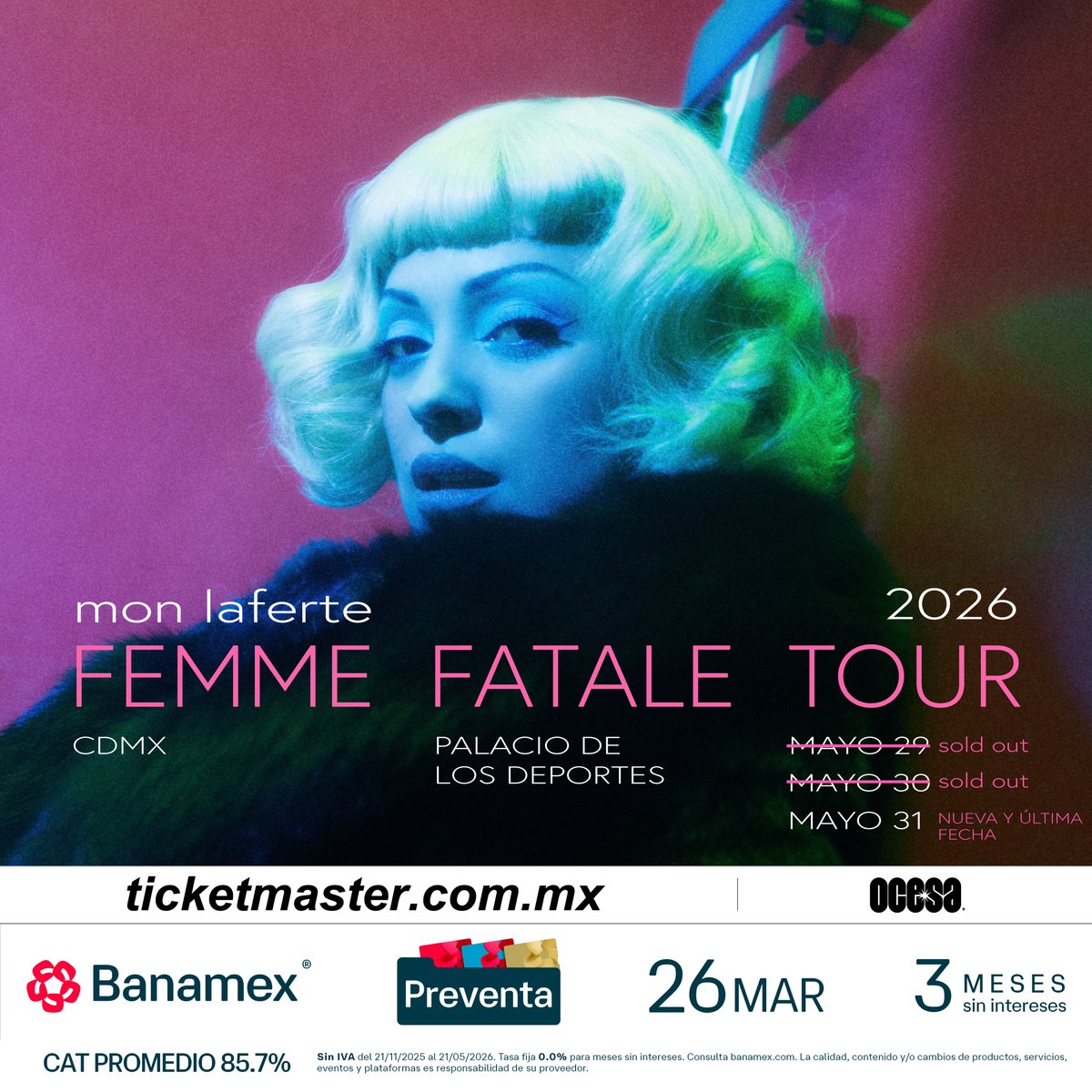 RuidoMagazine's tweet photo. @monlaferte convirtió el Palacio de los Deportes en territorio Femme Fatale.

Con dos fechas agotadas, ademas una tercera y última noche en CDMX para uno de los tours más esperados de su nueva etapa.✨🖤

🎟️ https://t.co/9OQSrODYxs https://t.co/UnbSjWMOu8