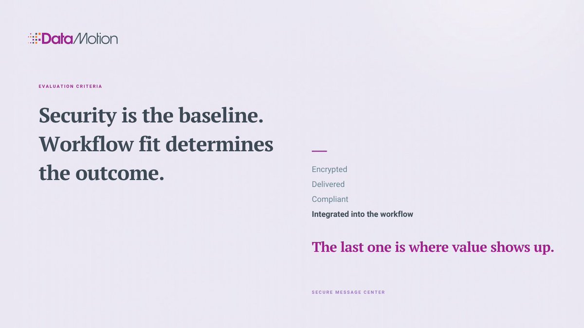 DataMotion's tweet photo. Standard security checks miss a key point: how will it work in practice? If secure communication doesn't integrate seamlessly into existing workflows, hidden costs like low adoption and slow resolution emerge. Beyond security and compliance, workflow fit determines scalability. https://t.co/YbDwab0fvE