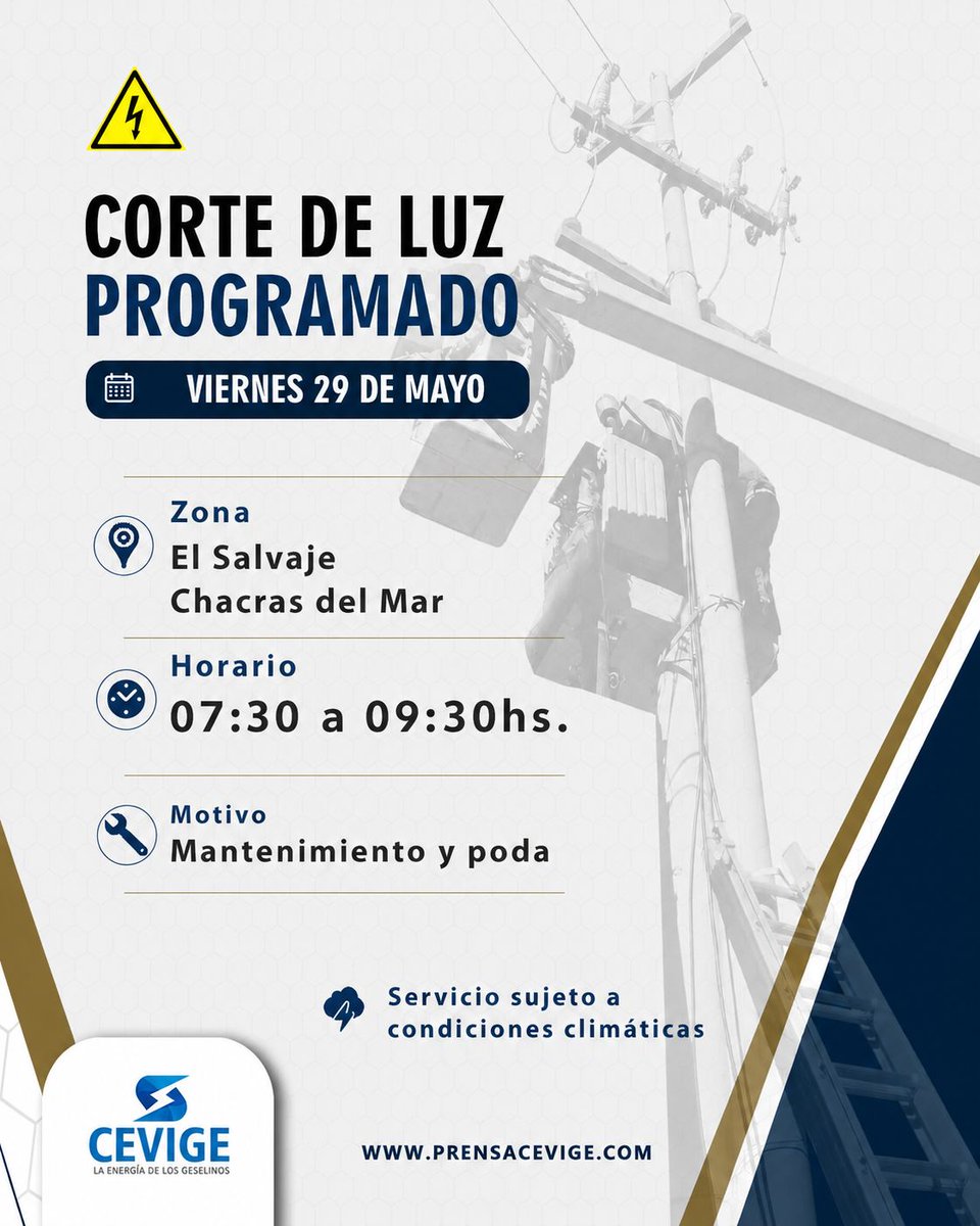 Cevige1's tweet photo. ⚡ ATENCIÓN: CORTE PROGRAMADO
📅 Viernes 29
⏰ 7:30–9:30 hs
📍 Chacras del Mar y El Salvaje
🛠 Mantenimiento y poda
⚠️ Puede restablecerse antes
🌦 Sujeto al clima
#Cevige https://t.co/Zu6NH5acy0