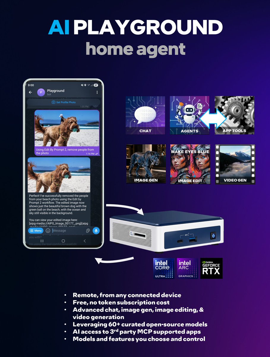 bobduffy's tweet photo. Want a sneak peek of what Intel is bringing to Computex?🚀
AI Playground Home Agent is officially available for early testing in our latest v3.1.1-beta!
@intel is bringing AI execution out of the cloud and putting it directly in your control, right from your home hardware. Here is what you can do with it today:
📱 True Remote Access: Connect and run your local AI from any device.
💰 Zero Token Costs: Free, unlimited use without subscription fees.
🛠️ MCP Integration: Local AI access and control for 3rd party Model Context Protocol supported apps.
🎨 All-in-One Creation: Advanced chat, image generation, image editing, and video generation powered by 60+ curated open-source models.

Intel and our OEM partners will be sharing more details at Computex, but you don't have to wait.
👇 Grab the beta, test it out on your Intel Core Ultra, Arc Graphics, or RTX hardware, and let us know what you think! 
🔗 https://t.co/xZGluMZM7P

#AIPlayground #IntelCoreUltra #IntelArc #GenerativeAI #OpenSource #Computex2026 #ModelContextProtocol