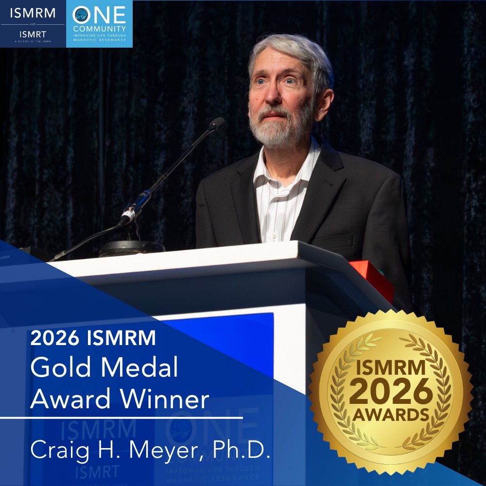 ISMRM's tweet photo. ISMRM would like to again congratulate Craig H. Meyer, Ph.D., on receiving the 2026 ISMRM Gold Medal Award!

#ISMRM2026 https://t.co/8Xy1y3EgIq