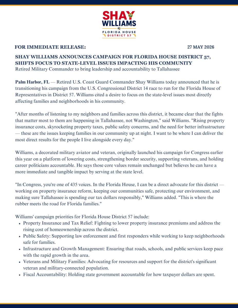 VoteWilliams14's tweet photo. FOR IMMEDIATE RELEASE: 

#FloridaHouse #FloridaHouseDistrict57 https://t.co/WvUYpGbtsQ