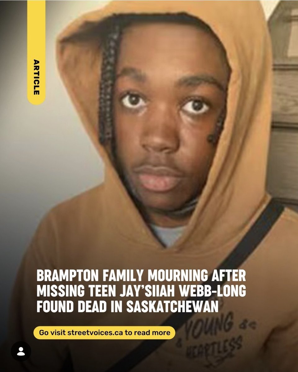 STVASTG's tweet photo. A Brampton family is mourning the loss of 16-year-old Jay'siiah Webb-Long after Saskatchewan RCMP confirmed remains found near Pelican Narrows belonged to the missing teen. Police say his death is now being investigated as a homicide.

Jay'siiah's disappearance became part of wider conversations around missing Black youth in Ontario, sparking calls for more awareness, urgency, and support for families searching for answers.
Our thoughts are with his loved ones and community during this heartbreaking time. Read more at https://t.co/gcTZcjD2Uf (link in bio)
#MissingBlackBoys #Toronto #Canada #StreetVoices
#Justice