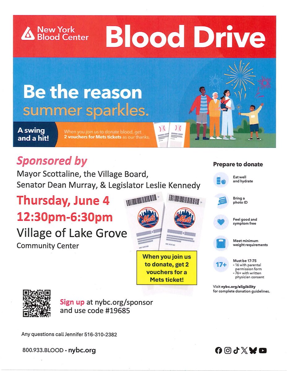 SenDeanMurray's tweet photo. Next week, I will be hosting two Blood Drives alongside fellow elected officials! All donors will be receive 2 ticket vouchers for a Mets game! Come on down... your donation can save up to 3 lives! See the flyers attached for more details or the make an appointment. https://t.co/lYWhKCKOHR