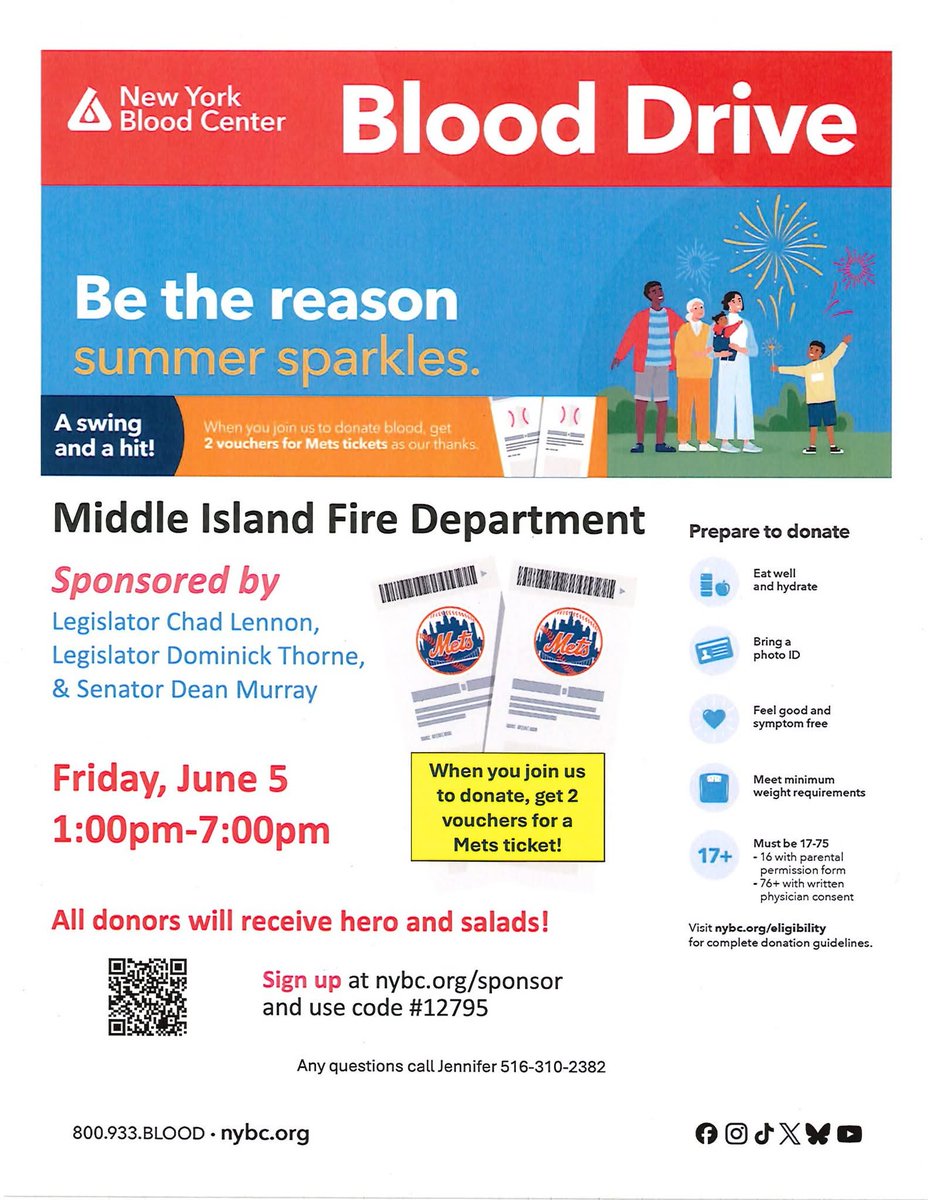 SenDeanMurray's tweet photo. Next week, I will be hosting two Blood Drives alongside fellow elected officials! All donors will be receive 2 ticket vouchers for a Mets game! Come on down... your donation can save up to 3 lives! See the flyers attached for more details or the make an appointment. https://t.co/lYWhKCKOHR